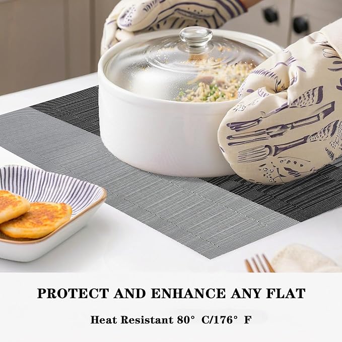 Black Gray Placemats Set of 4 - Heat Resistant Non-Slip Place mats for Dining Table, Washable Durable PVC Vinyl Woven Table Mats (Black Gray, 4)