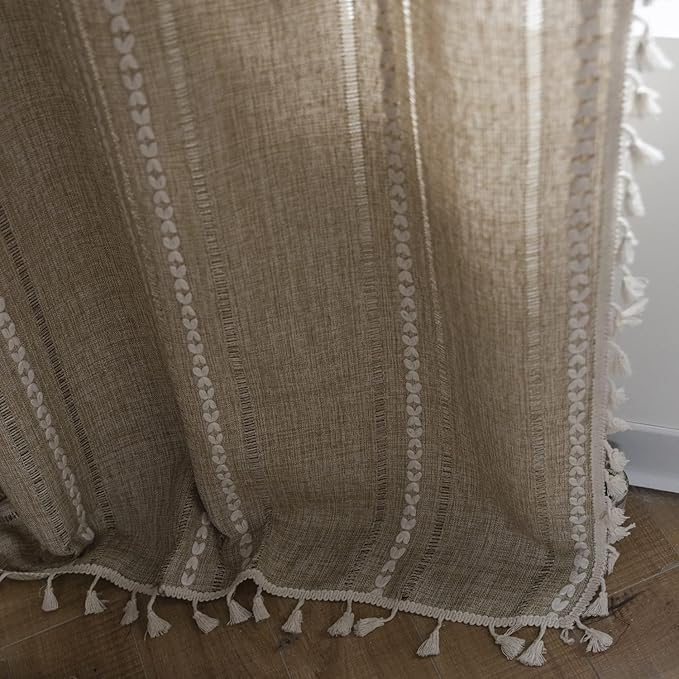 ColorBird Boho Curtains 96 inches Long, Striped Tan Embroidered Light Filtering Curtain for Living Room Bedroom Nursery Office