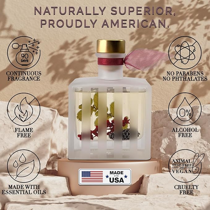 LOVSPA Holiday Cranberry Woods Reed Diffuser Set - Scented Stick Room Freshener - Red Currants, Frosted Cranberries, Cedarwood and Juniper - Modern Striped Glass Bottle - Made in The USA