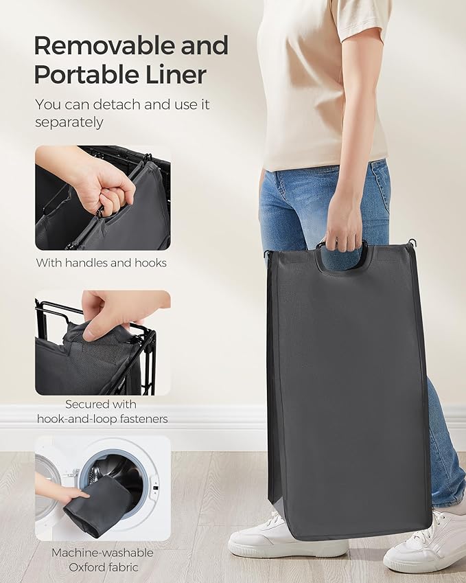 SONGMICS Laundry Hamper, 130L Laundry Basket with Lid, Clothes Hamper with Wheels, Collapsible Removable Liner Bag, Iron-Made Laundry Sorter, Ink Black and Slate Gray ULCB313B11