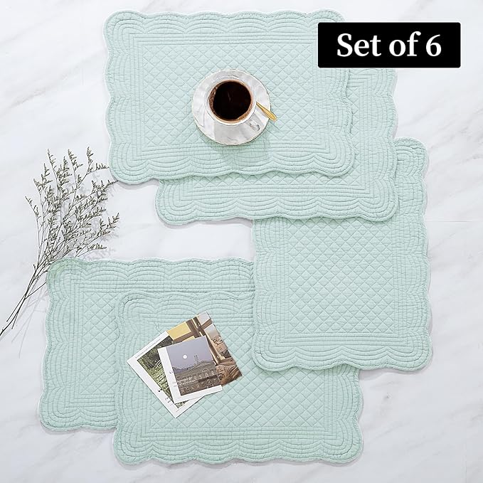 HOMBYS Quilted Placemats Set of 6 Washable-13x18 inches Rectangular Placemats for Kitchen Table-100% Cotton Fabric Rectangular Table Mats, (Light Blue)