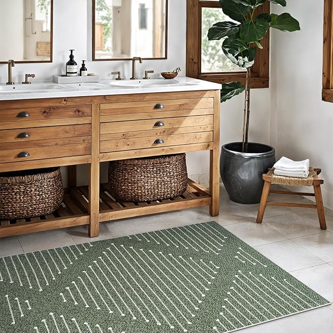 LIVEBOX Boho Green Rug for Entryway Indoor, 2.3' x 3.6' Washable Kitchen Rugs Moroccan Front Door Rug Outdoor Doormat, Hand-Woven Area Rug Carpet for Layered Entrance Porch Bathroom(Green & White)