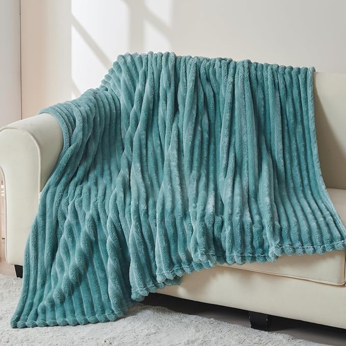 NEWCOSPLAY Super Soft Twin Blanket Light Teal Premium Silky Flannel Fleece 3D Ribbed Jacquard Lightweight Bed Blanket All Season Use (Light Teal Ribbed, Twin(60"x80"))