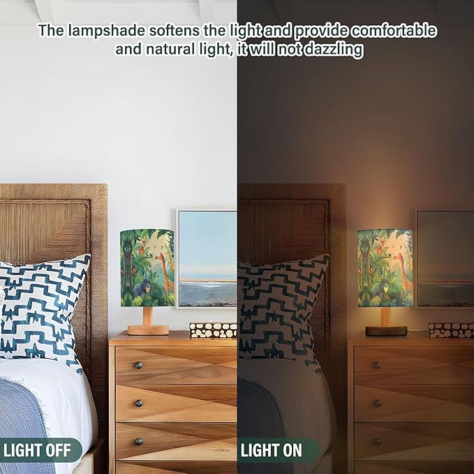Table Lamp Forest Animal Giraffe Lion Tiger Bird Parrot Tropical Leaves Nightstand Lamp with Wood Base Fabric Lamp Shade Bedside Desk Lamp for Living Room Bedroom Kids Room Office