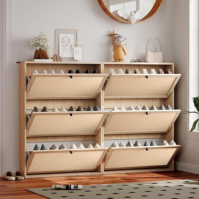 AVZEAR Narrow Shoe Storage Cabinet for Entryway with Natural Linen Panel, Freestanding Slim Shoe Cabinet with 3 Flip Drawers, Wood Shoe Organizer Closed Shoe Rack for Hallway, Living Room(Natural)