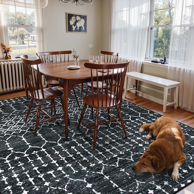 Lahome Moroccan Black Area Rugs 6x9 Living Room - Non-Slip Backing Ultra-Thin Large Throw Stain Resistant Dining Room Rugs for Under Table, Geometric Print Modren Soft Carpet for Bedroom Office