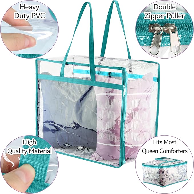 Clear Vinyl Zippered Storage Bags (3-Pack) 40L Sturdy Storage Bags for Sweaters, Blankets, Comforters, Bedding Sets and Much More! (Turquoise, 18x15x9)