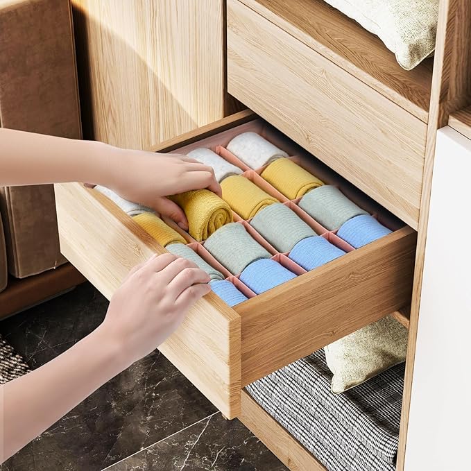 Joyoldelf Sock Drawer Organizer Divider, 16-Cell Underwear Organizers and Storage Fabric Drawer Organizer for Socks, Lingerie, Ties, 2 Packs Pink