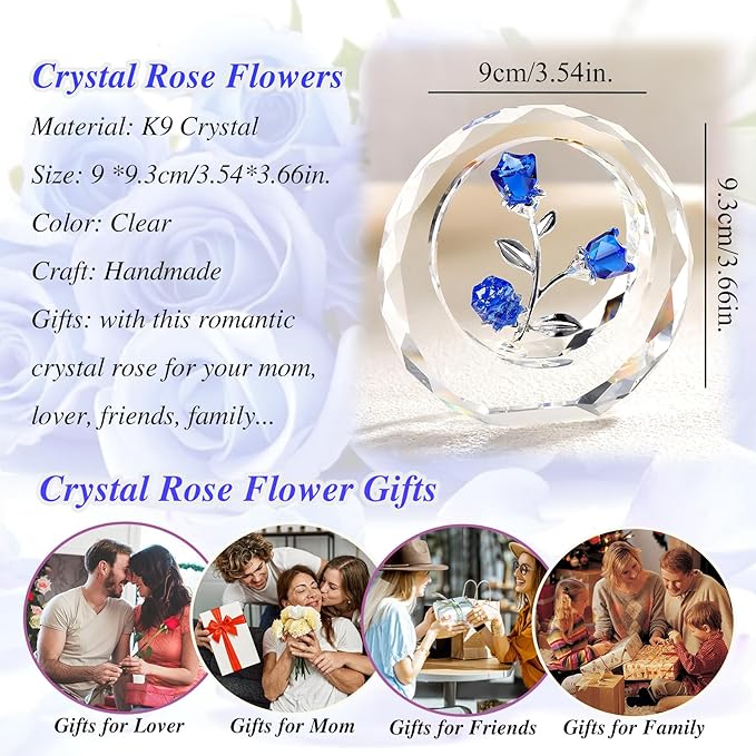 Crystal Blue Rose Bouquet Figurines Glass Flowers with Stems Valentines Anniversary Rose Gifts for Girlfriend Wife, Blue Crystal Rose in Glass Ring Collectible Figurines Forever Roses Decor