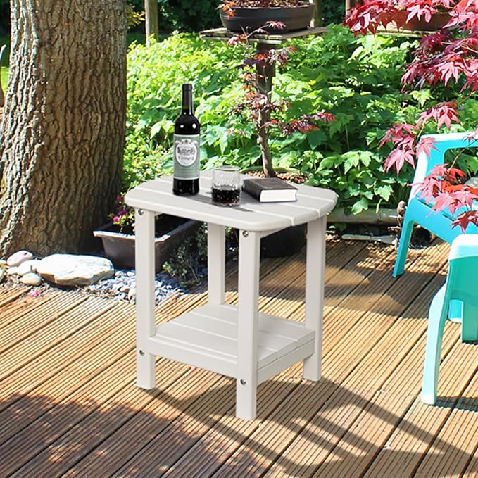 nalone Adirondack Side Table 16.5" Outdoor Side Table HDPE Plastic Double Adirondack End Table Small Table for Patio (White)