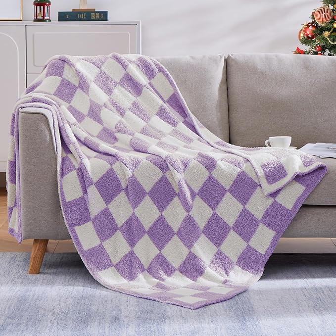 WRENSONGE Checkered Throw Blanket, Purple Soft Cozy Fluffy Warm Hand Made Throw Blankets for Couch, Sofa, Chair, Bed, Camping, Picnic, Travel Lightweight Bed Blanket - 60"*80"