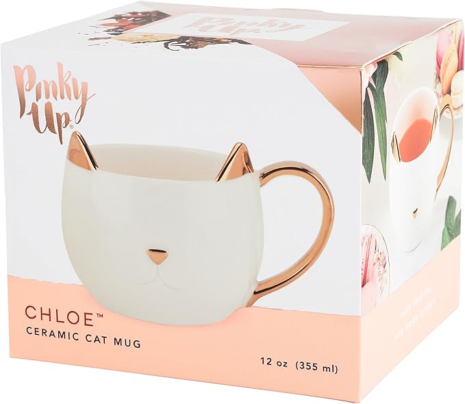 Pinky Up Chloe Cat Ceramic Coffee Mug, Tea Cups, Travel Mugs for Cappuccino, Latte, Hot Chocolate, Milk, Herbal Teas, 12 oz, Set of 1, White
