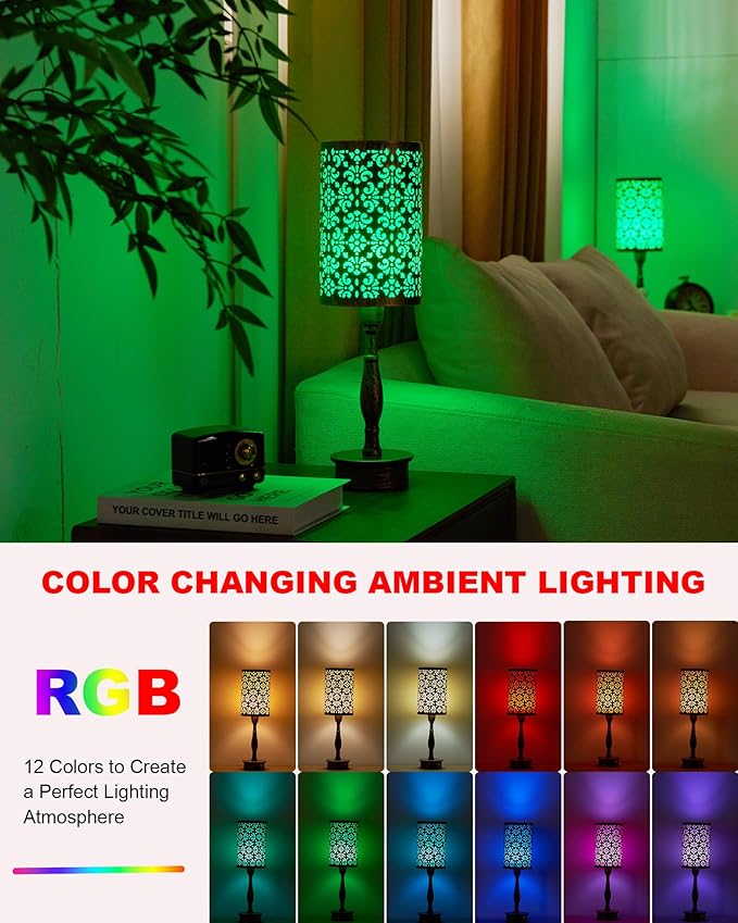 UMEXUS Cordless Table Lamp with Remote, Timer & Dimmer, RGB Small Rechargeable Battery Operated, Touch Bedside Night Lights, Antique Bronze Ambient Lighting, Patio Dining Side End Table Lamp