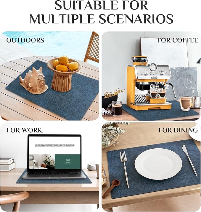 Softalker Faux Leather Placemats Set of 4-Vinyl Heat Resistant Place Mats, 100% Waterproof Oilproof Wipe Clean Table Mats for Indoor & Outdoor Use, 17’’×12’’, Navy Blue