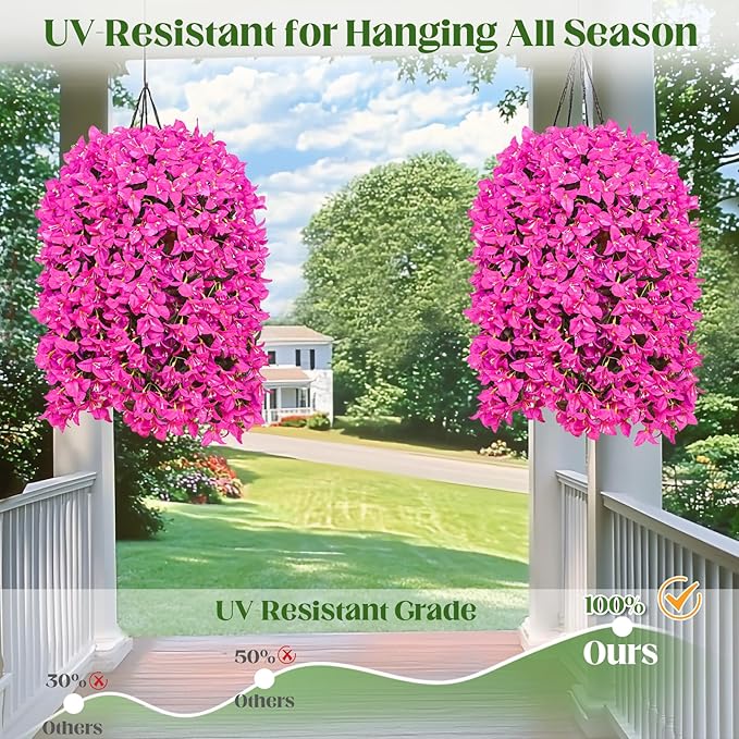 8Pcs UV Resistant Artificial Flowers for Outdoors, Realistic Faux Silk Bougainvillea Flowers, Fake Hanging Plants for Porch Patio Balcony Decoration (Purple)