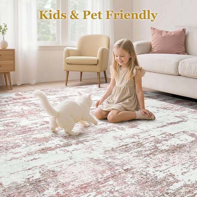 Area Rugs for Living Room: 8x10 Abstract Washable Rug Modern Neutral Large Soft Stain Resistant Non-Slip Backing Machine Table for Bedroom Dining Room Indoor Home Office Carpet - Pink