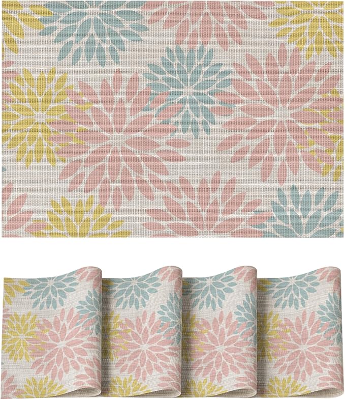 Artoid Mode Floral Vinyl Placemats Set of 4, 12x18 Inch Heat Resistant Washable Non-Slip Plistic PVC Place Mats for Party Kitchen Dining Decor, Pink Blue