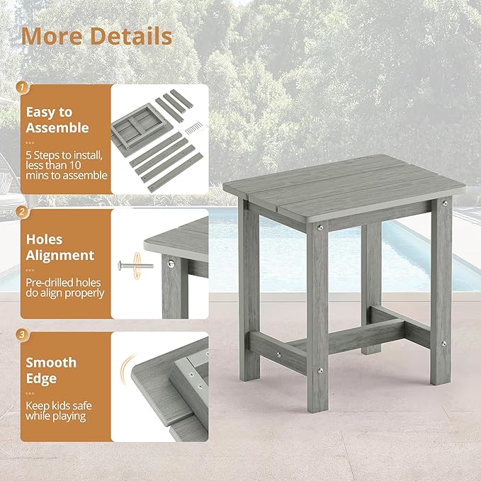 LUE BONA Outdoor Side Table, HDPS Small Outdoor Table, Rectangle Adirondack Side Table, Outside Table for Patio, Porch, Deck, Pool, Weather Resistant/Easy Maintenance, Gray