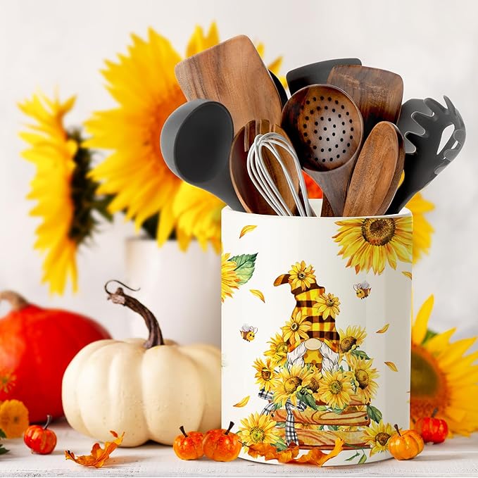 pinata Sunflower Kitchen Decor, Cute Ceramic Utensil Holder, Sunflower Kitchen Utensil Holder for Farmhouse Indoor (6.3inch)