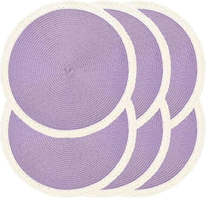 Noctiflorous Round Braided Placemats Set of 6 Table Mats 15 Inches Washable Heat Resistant for Dining Table Non-Slip Indoor Outdoor Place Mats for Easter(02 White Edge Purple 6)