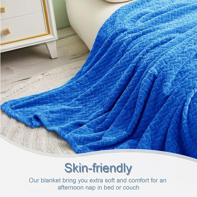 Exclusivo Mezcla Cobalt Blue Fleece Queen Size Blanket for Bed, 90x90 Inches Soft Cozy Jacquard Flannel Blankets, Lightweight Fuzzy Plush Warm for All Seasons