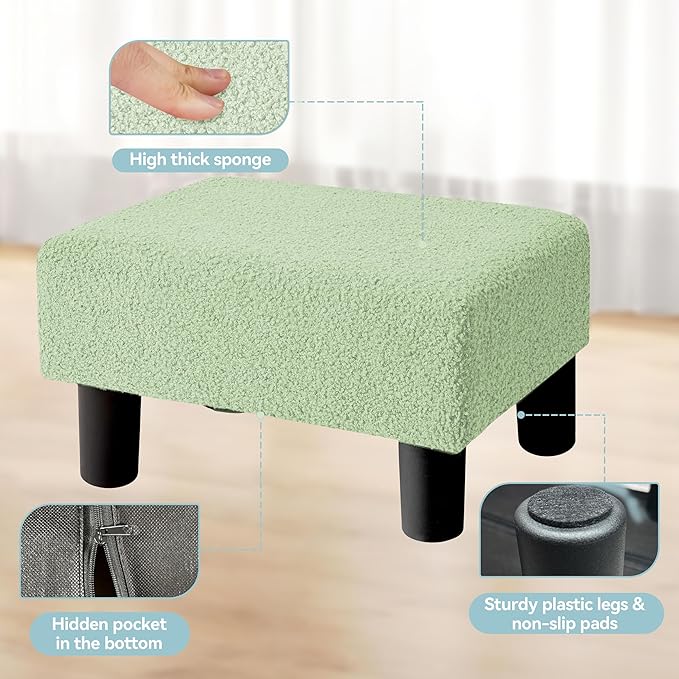 BRIAN & DANY Small Foot Stool Ottoman, Footstool with Legs, Teddy Velvet Foot Rest for Living Room, Bedroom and Office, Green