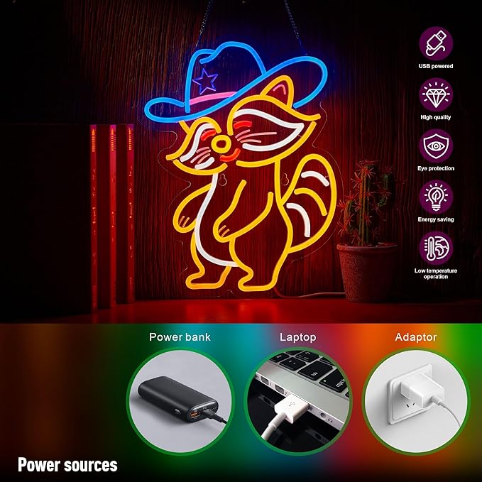 Cowboy Racoon Neon Sign Raccoon Neon Light Cowboy LED Sign USB Powered Dimmable Art Signs for Bar Pub Store Man Cave Kids Room 16.2 X 12.6 inch