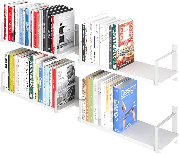 Wallniture Toledo 17" Floating Shelves for Wall, Bookshelf Living Room Decor, Kitchen Organization, Bathroom Shelves, 17" Office Wall Shelf Set of 4 White