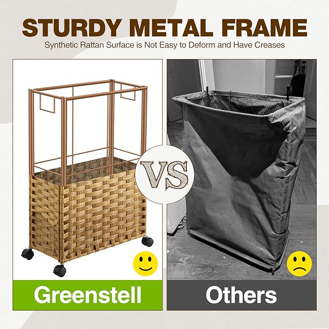 Greenstell Laundry Hamper with Wheels, 11.9 Gallon (45L) Small Clothes Hamper with 2 Removable Liner Bags & 2 Mesh Bags, Slim Rattan Laundry Basket for Bathroom, Bedroom, Natural