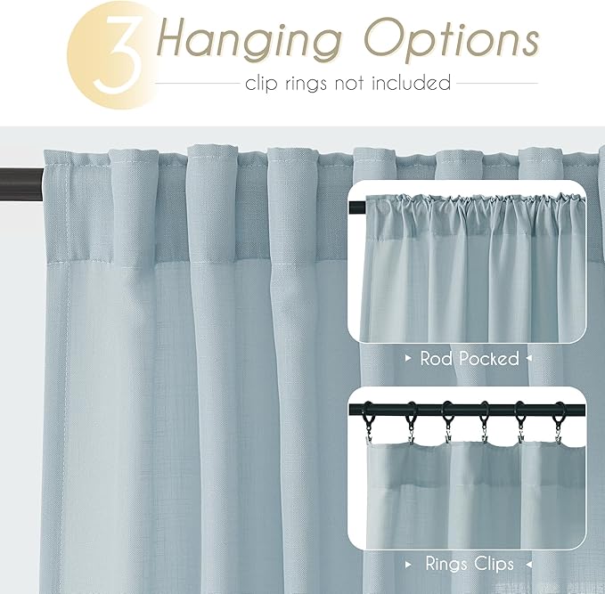 Sky Blue Curtains 108 inch Length for Bedroom Back Tab Light Filtering Semi Sheer Blue Living Room Curtains Linen Cotton Textured Drapery Panel Aesthetic Decor Light Blue 52x108