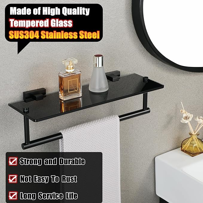 Alise Bathroom Shelves Glass Shelf with Bar,Wall Mount Floating Shelves for Bathroom,1 Tier Tempered Glass Holder Rack Storage Organizer,SUS304 Stainless Steel GOY6380-B Black