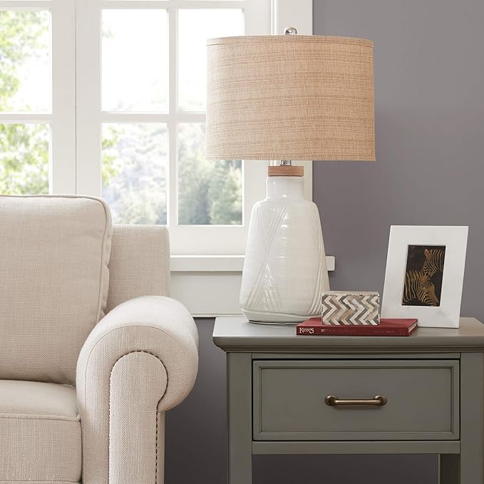Hampton Hill Tate Ivory White Unique Modern Table Lamp, Contemporary Round Ceramic Wood Desk Light, 15" Dia x 24.5" H, Ivory