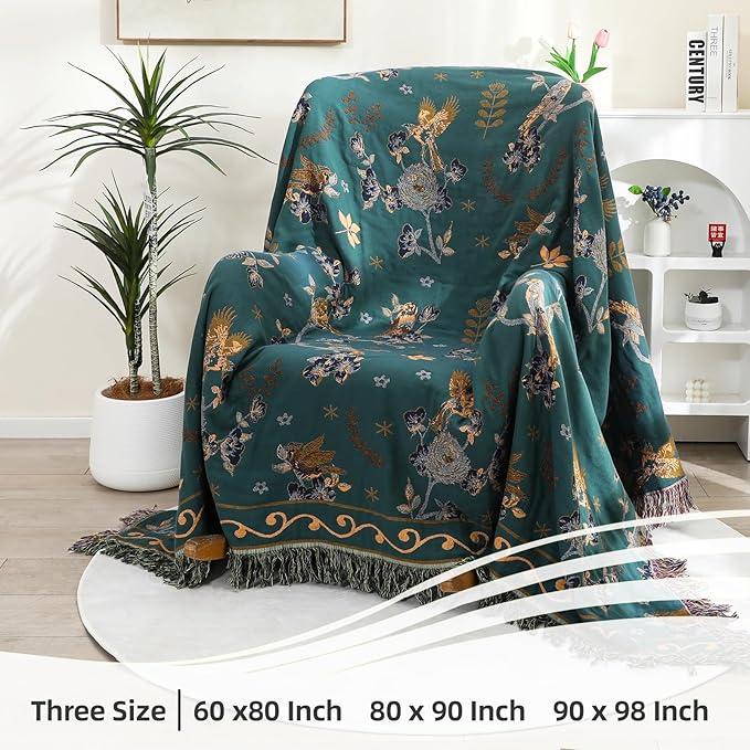 Boho 100% Cotton Large Throw Blanket - All Season Rustic Ultra Soft Breathable Floral Bird Blanket for Bed Sofa Couch Chair Bedspread Quilt Gift, 80" x 90"-Teal/Beige