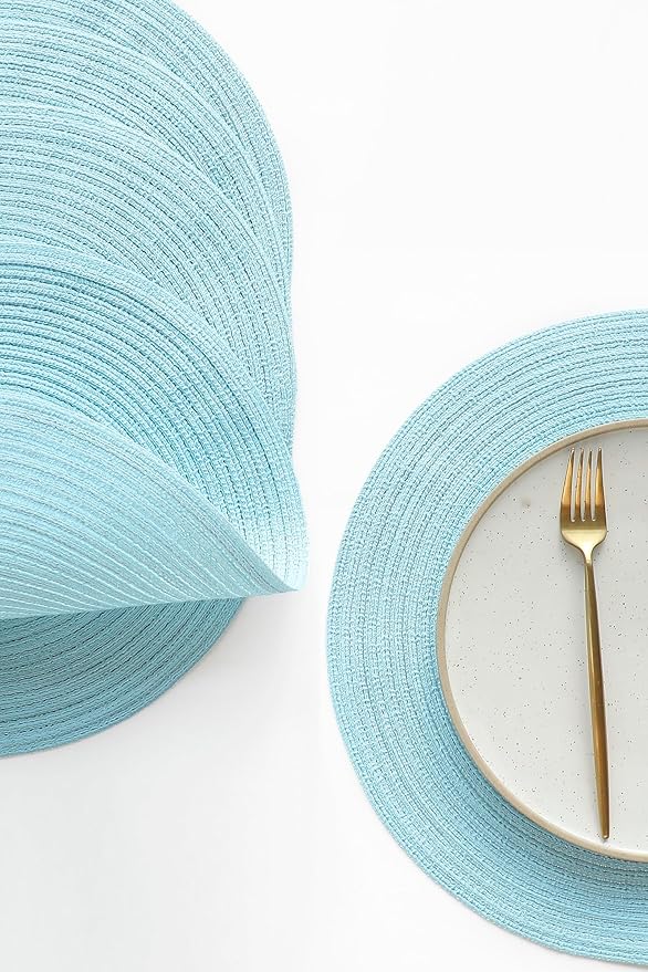 Floroom 15 Inch Round Braided Placemats Set of 4, Washable Heat Resistant Cotton Polyester Circle Place Mats for Kitchen Dining Table - Light Blue