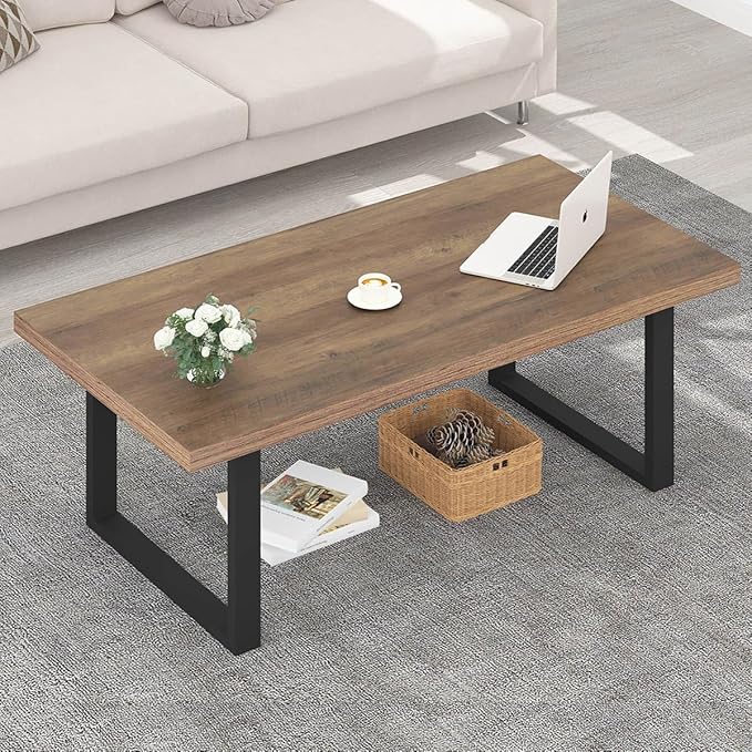 IBF Farmhouse Coffee Table, Modern Coffee Table for Living Room, Simple Industrial Rectangle Center Table, Wood Metal Tea Table for Home Bedroom Office, Rustic Oak, 47 in