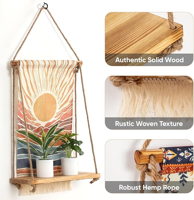 Wall Mounted Shelf, Bohemian Style Decorative Hanging Cloth, Handmade Natural Material, Suitable for Living Room Bedroom Home Storage Hanging Indoor Plant Shelf (Sunrise Type)
