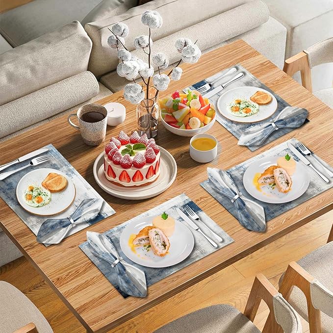 MCALK 4 Each Blue Placemats and Cloth Napkins Set of 8, Modern Abstract Art Painted Placemat for Home Kitchen Decor (Placemats 18 "x12 Cloth Napkins 18 "x18)