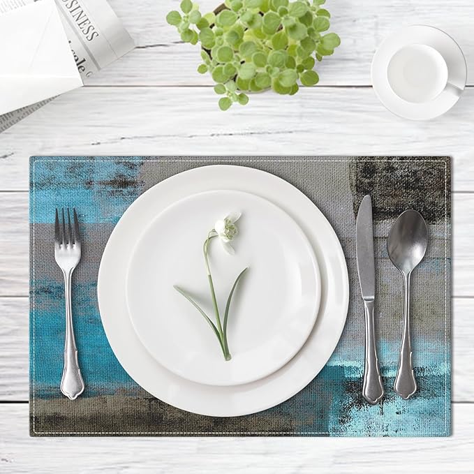 Emvency Farmhouse Placemats Set of 4, Vintage Blue and Grey Art Painting 12x18 Inch Abstract GrayTable Mats for Outdoor Home Party Kitchen Dining Decoration