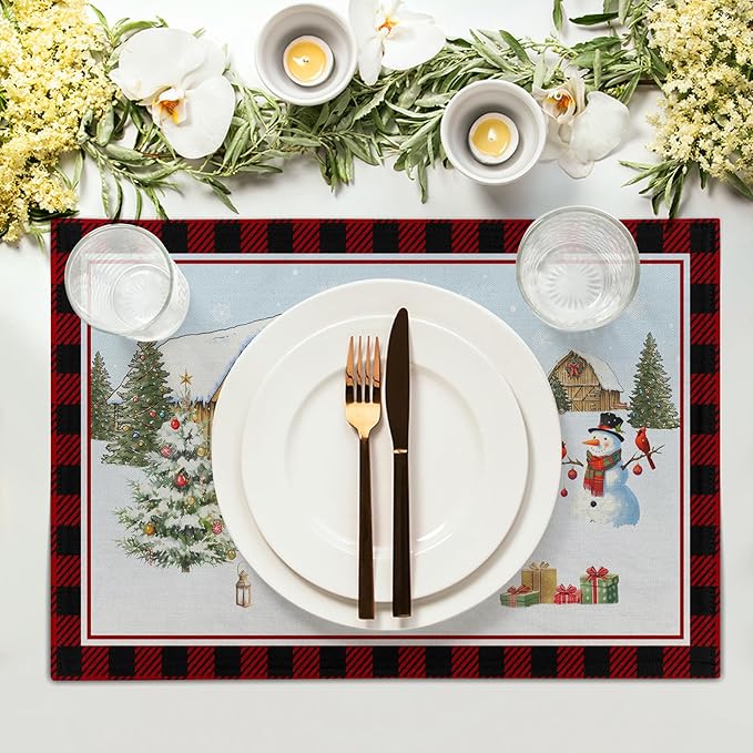Giwawa Christmas Truck Placemats Set of 4 Winter Snowman Xmas Trees Place Mat with Black Red Buffalo Plaids 12"x18" Snow Farm Scene Non Slip Table Mats for Kitchen Dining Holiday Party Decor