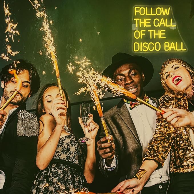 NOSUN Follow The Call of The Disco Ball Neon Sign,Neon Signs for Wall Decor,Yellow Neon Sign,Dimmable Disco Neon Lights for Disco Party Decor,Neon Signs Letter Led Lights For Dancing Club Wall Decor