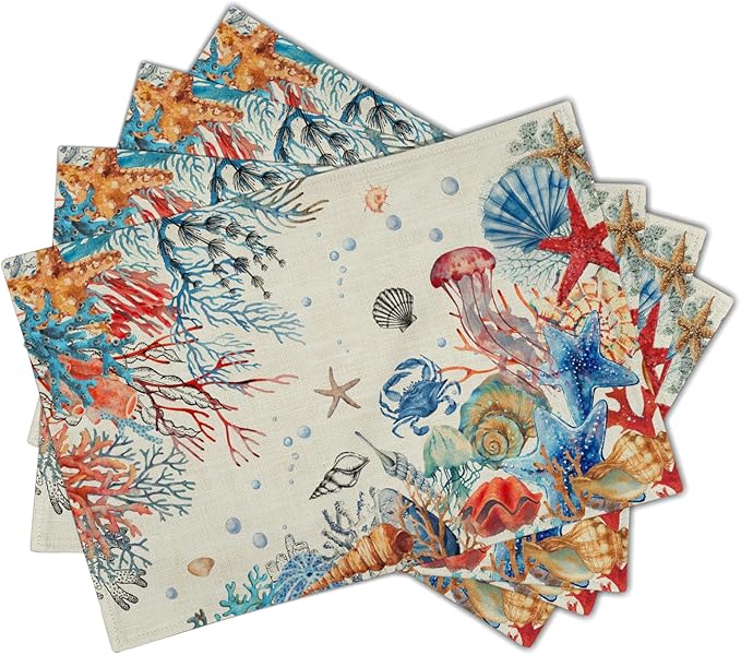 Giwawa 4PCs Summer Beach Placemats 12x18 Inch Ocean Coral Starfish Seashell Decorative Place Mat Vintage Nautical Collection Heat Resistant Table Mats for Kitchen Dining Party Seasonal