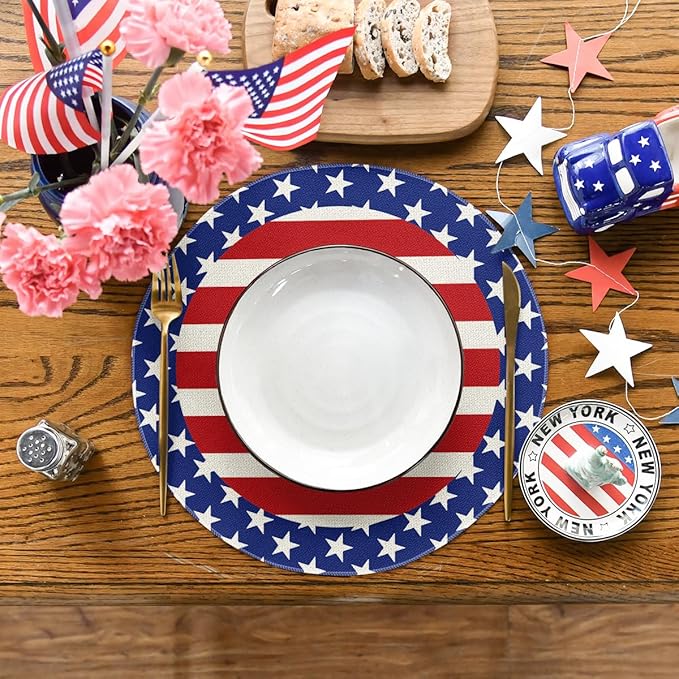 Artoid Mode Watercolor Stripes Stars 4th of July Round Placemats Set of 4,14 Inch Patriotic Memorial Day Table Mats for Party Kitchen Dining Decoration