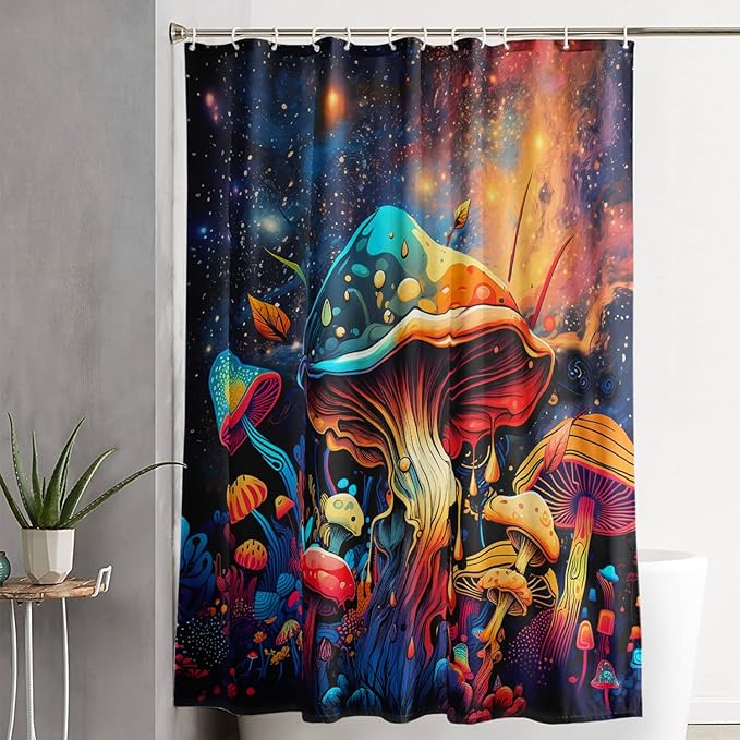 AILONEN Cartoon Magic Mushroom Shower Curtain,Funny Mushroom Waterproof Fabric Shower Curtain Set for Kids Girls,Boho Natural Plants Starry Night Shower Curtain with Hooks for Bathroom, 60" W*72" H