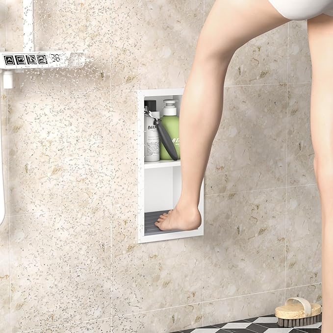 Shower Niche, 304 Stainless Steel Shower Stool for Bathroom, Recessed Shower Footrest w/Over Mount Installation, No Tile Needed (Matte White, 12.3''x6'')
