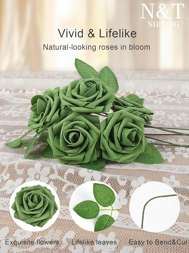 N&T NIETING Roses Artificial Flowers, 25pcs Artificial Flowers Foam Flowers with Stems for DIY Cake Decoration Wedding Party Home Decoration, Army Green