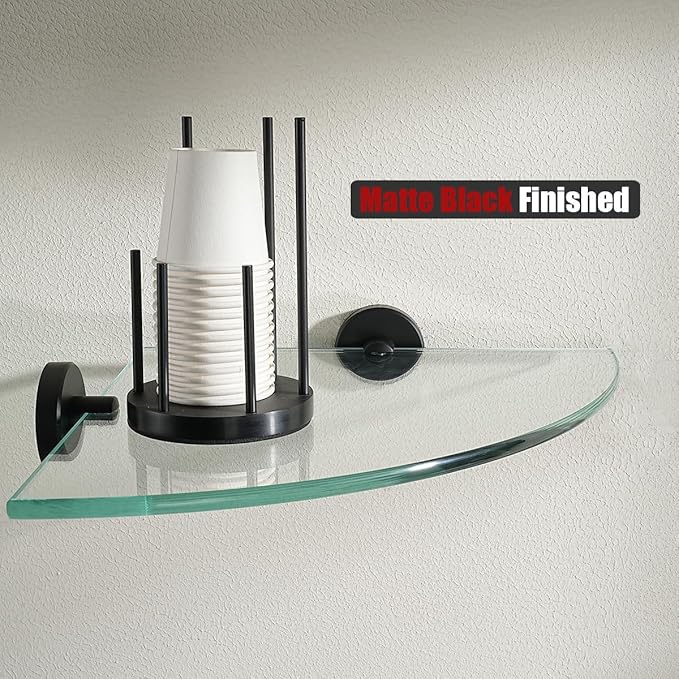 JQK Corner Glass Shelf Black, Bathroom 304 Stainless Steel Shower Triangle Floating Wall Shelf, 10 x 10 Tempered Glass, 3 Pack, TGS190L10-PB-P3