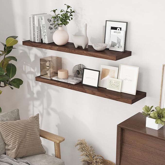 48"W x 9"D Floating Shelves Set of 2, 9.3 Inch Deep Floating Shelves Wall Mounted, Wide Wall Shelves Invisible Bracket, Deep Storage Shelves for Living Room, Bathroom, Kitchen, Walnut Color