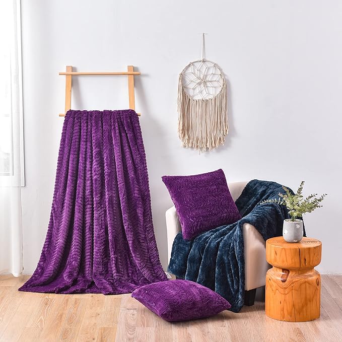 YUSOKI Luxury Faux Fur Throw Blanket(Without Pillows) 2 Layers,3lb,All Ages,Home Decoration, (Purple,50" x 63")