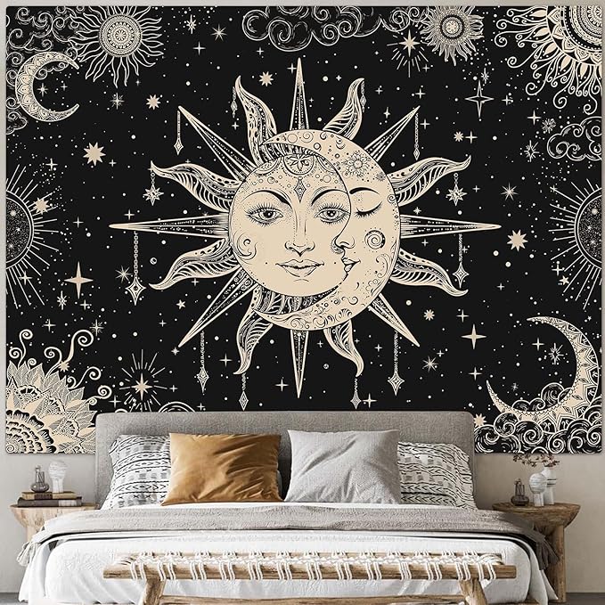 Lunerfex Sun and Moon Tapestry Mandala Wall Tapestry, Vintage Tapestries for Bedroom Ceiling Tapestries Wall Hanging for Bedroom Living Room Wall Decor Sun-2 60"x80"