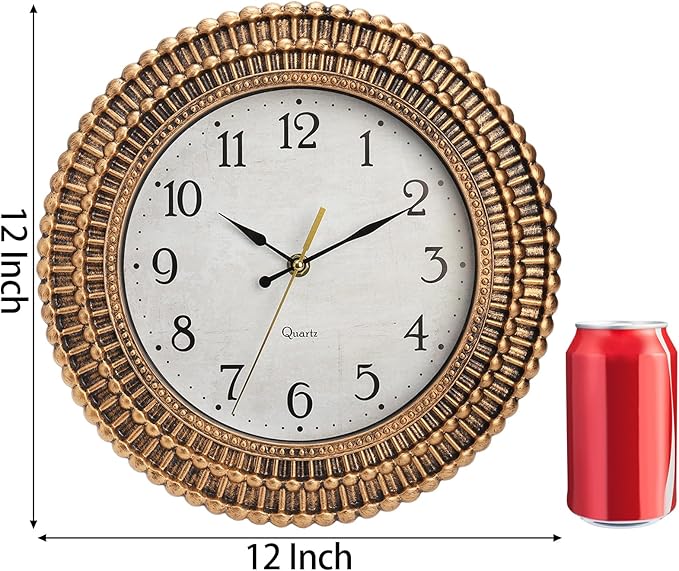 Bekith Wall Clock 12 Inch Silent Non-Ticking Retro Wall Clocks Battery Operated, Round Vintage Decorative Clock for Kitchen, Home, Office, Bedroom, Living Room, Bathroom, School